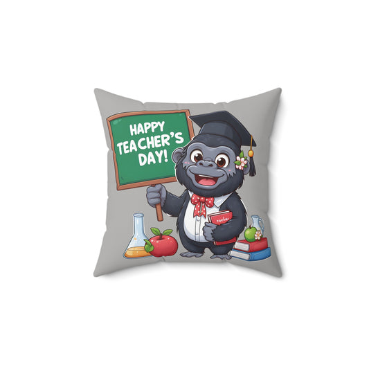 Celebrate the dedication and hard work of your teachers with our "Happy Teacher's Day Gorilla Pillow." Sweet cartoon gorilla in graduation cap and bow tie, holding a sign that reads "Happy Teacher's Day!" Brings fun and warmth to classroom or home, a thoughtful gift for Teacher Appreciation Day. (SK Superb)