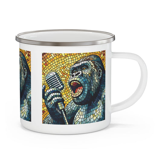 Our mosaic art Enamel Camping Mug of a gorilla passionately singing, mirroring human singer. A fun mug for camping, hiking, outdoors adventures or home use. Gift for nature lovers, campers, and art enthusiasts. BUY NOW! (SK Superb)