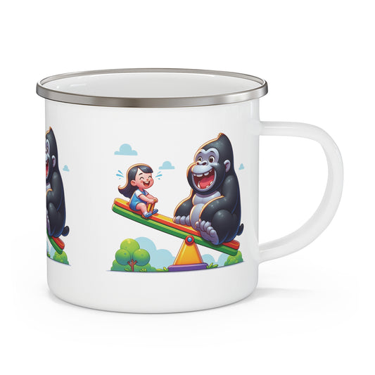 Cute enamel camping mug featuring a playful cartoon of a gorilla and girl on a seesaw. Perfect for outdoor adventures like camping, hiking, and picnics. Great for both kids and adults who love fun and unique designs. Perfect for adding charm to your camping gear or gifting to outdoor enthusiasts. BUY NOW! (SK Superb)