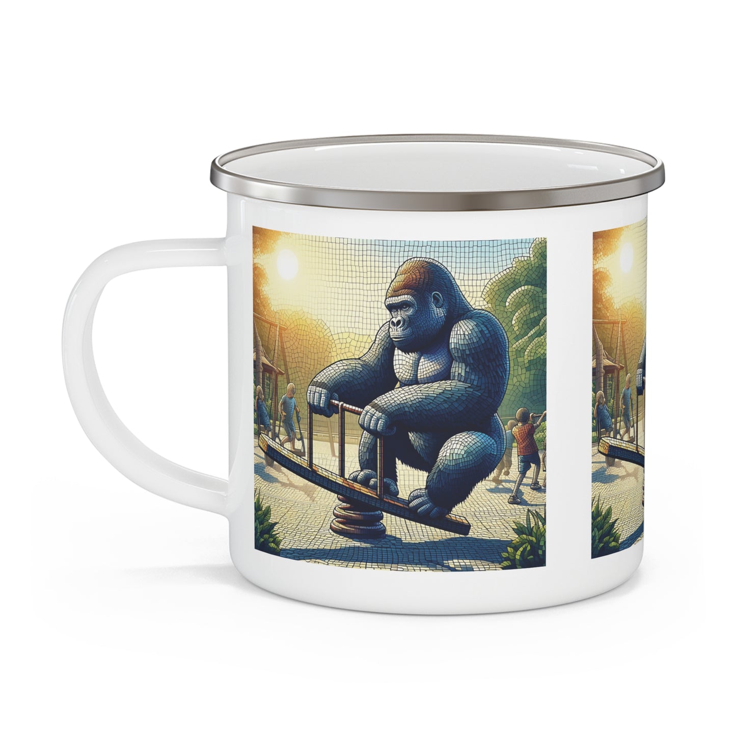 Gorilla Playground Adventure Enamel Camping Mug – Unique Artwork for Outdoor Lovers