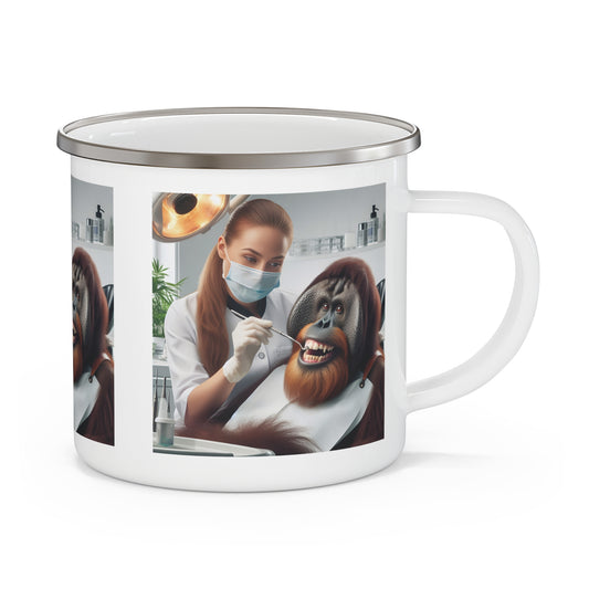 A blend of whimsy art and practicality with our fun Enamel Camping Mug of an orangutan at the dentist. An elegant mug for outdoor adventures, hiking, camping, picnic or home use. Ideal as a gift for animal lovers, dentists, or anyone who appreciates unique and quirky designs. BUY NOW! (SK Superb)