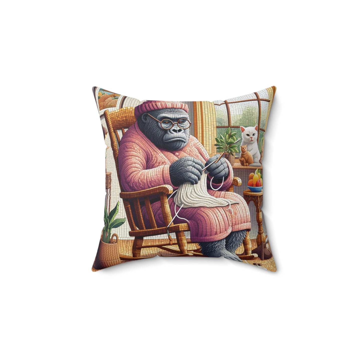 Whimsical Gorilla Grandma Knitting Throw Pillow with Kitty – Animal Art Cushion for Home Decor