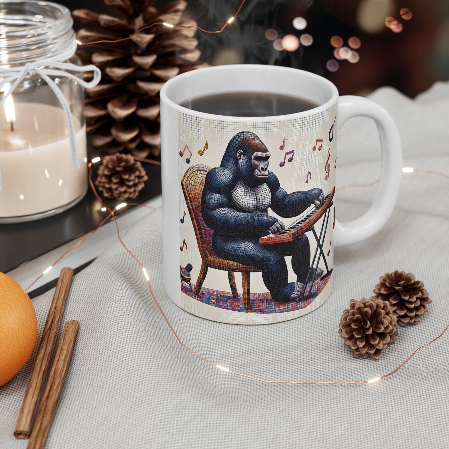 11oz Mosaic Style Musician Ape Playing Key Mug - Music/Animal Theme