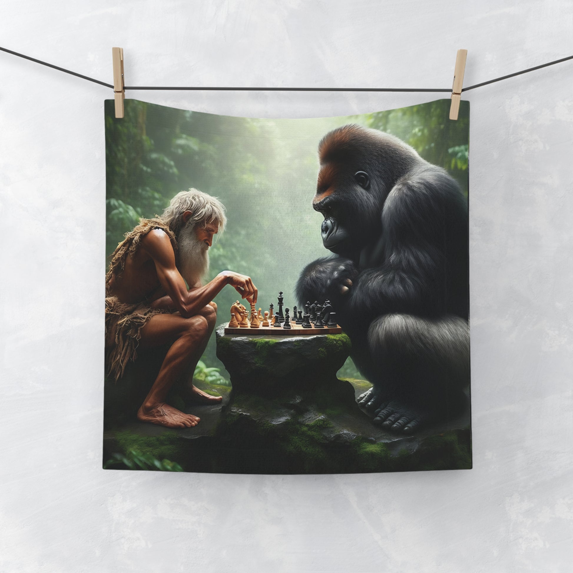 Our "Gorilla and Caveman Chess Player Face Towel" is a perfect blend of art and functionality. Perfect for home, gym, travel, or as a decorative piece. A thoughtful and unique gift for nature, animal and art enthusiasts. BUY NOW! (SK Superb)