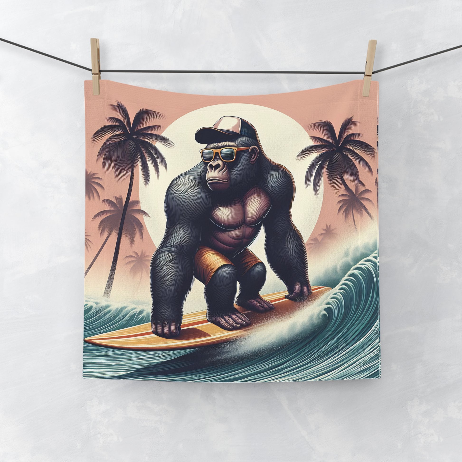 Our "Gorilla Beach Surfing Face Towel" is perfect for surf enthusiasts and anyone who loves the thrill of the ocean. Ideal for beach days, gym sessions, or daily use at home. The image of a gorilla riding the waves captures the essence of adventure and human enjoyment of surfing. BUY NOW! (SK Superb)