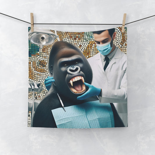 Add humor to your bathroom with our Mosaic design Gorilla Dentist Face Towel. A fun towel of a gorilla with a professional dentist tending to its teeth. Perfect for daily use and a decorative piece. A quirky gift or a conversation starter. Ideal gift for animal lovers and art enthusiasts. BUY NOW! (SK Superb)