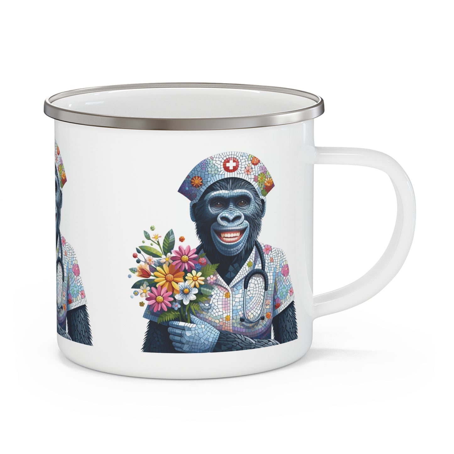 Celebrate nurse contributions with the mosaic style Gorilla Nurse Enamel Camping Mug. This durable and lightweight enamel mug is perfect for camping, outdoor adventures, or daily use. A thoughtful gift for nurses, healthcare workers, and animal lovers. BUY NOW! (SK Superb)