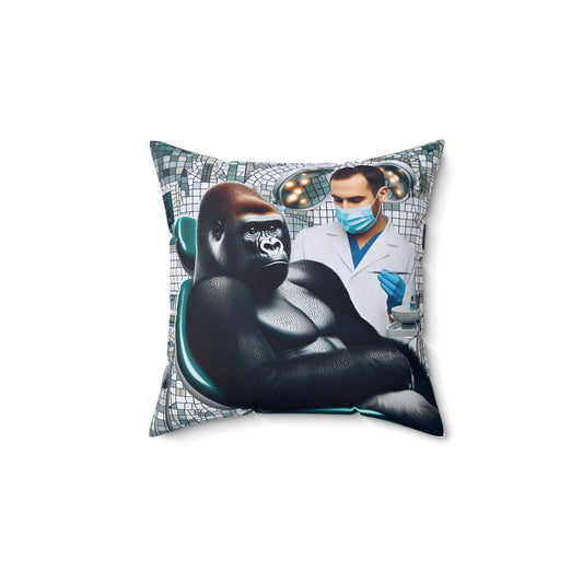 Turn your home and office decor into a comedy zone with the "Anxious Gorilla Dental Pillow." It showcases an anxious gorilla begrudgingly sitting in the dentist's chair, ready for a dental adventure, while the dentist gears up for the challenge. A GIFT pillow to spark endless laughter. Grab yours now! (SK Superb)
