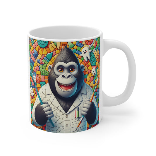 Our Charming Gorilla Dentist 11oz Coffee Mug features a whimsical and vibrant mosaic design. Perfect for dental professionals, animal lovers, or anyone who enjoys unique and playful designs. BUY NOW! (SK Superb)