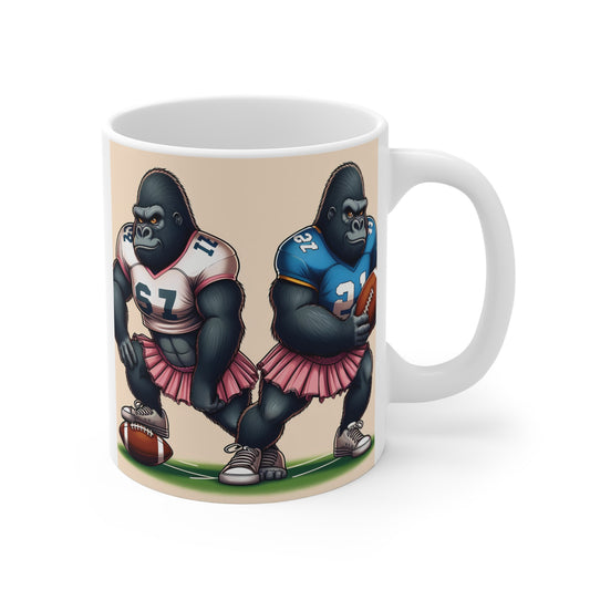 Celebrate the strength and spirit of female athletes with our unique "Female Football Gorillas" 11oz mug, breaking traditional gender norms and highlighting the tenacity of female footballers. Perfect for sports enthusiasts, animal lovers, and those who support gender equality in sports. BUY NOW! (SK Superb)