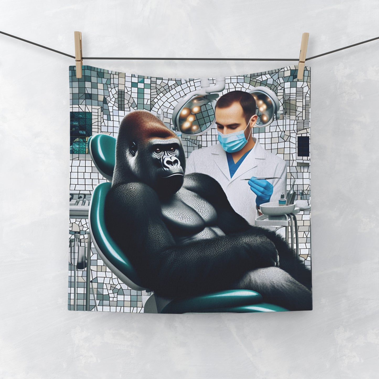 A fun and whimsical illustration of our "Calm Gorilla at the Dentist" face towel, making it a perfect gift for animal lovers and anyone with a sense of humor. The mosaic-style artwork brings a playful yet artistic touch to your bathroom with this eye-catching and amusing face towel. BUY NOW! (SK Superb)