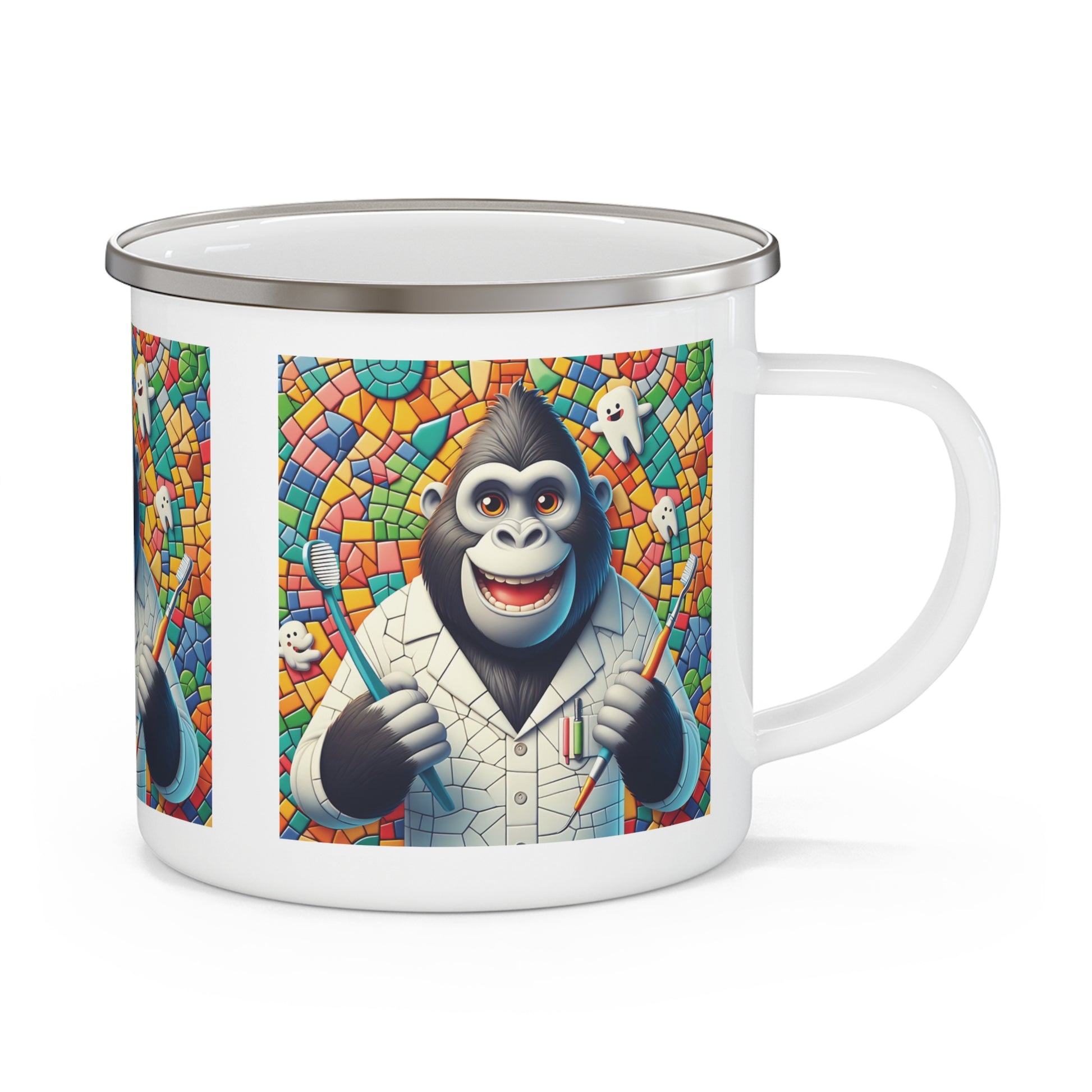 Our mosaic, whimsical art of a cheerful Gorilla Dentist Enamel Camping Mug is practical for indoor and outdoor adventures. An excellent gift for dentists, animal lovers, or anyone with a sense of humor. This mug is perfect for camping, hiking, or everyday use. BUY NOW! (SK Superb)