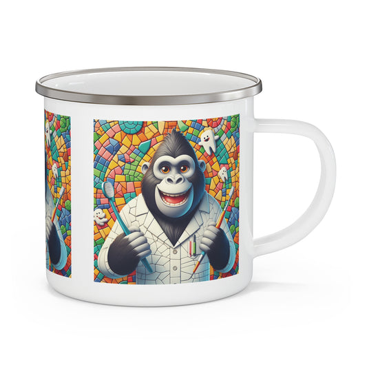 Our mosaic, whimsical art of a cheerful Gorilla Dentist Enamel Camping Mug is practical for indoor and outdoor adventures. An excellent gift for dentists, animal lovers, or anyone with a sense of humor. This mug is perfect for camping, hiking, or everyday use. BUY NOW! (SK Superb)