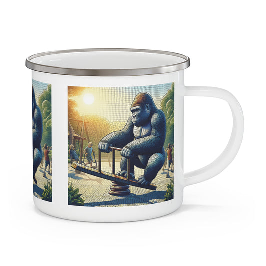 Enjoy your outdoor adventures with the whimsical artwork design "Gorilla Seesaw Adventure" Enamel Camping Mug, featuring gorilla loving seesaw ride just like human children. This playful mug is perfect for camping, hiking, and nature trips. BUY NOW! (SK Superb)