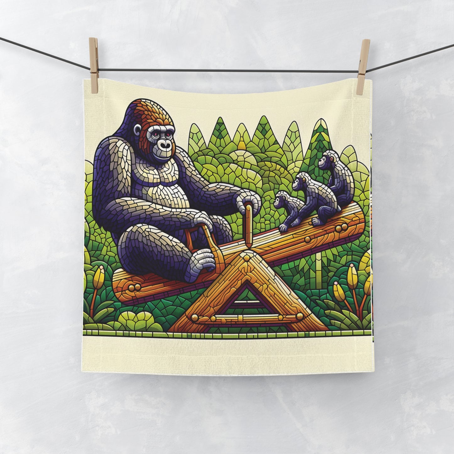 Celebrate the joy of companionship with our mosaic-style design FACE TOWEL of family gorillas enjoying seesaw ride. This towel captures the essence of togetherness and fun in nature. Perfect for bathroom decor, daily use, or as a gift for wildlife enthusiasts and art lovers. BUY NOW! (SK Superb)