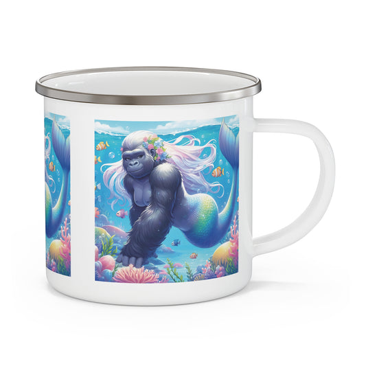 Our mystical, oceanic fantasy "Gorilla Mermaid" Enamel Camping Mug. A mug for your camping trips, beach outings, hikes, any adventure or home use. Great for ocean lovers, mermaid enthusiasts, or anyone who appreciates whimsical art. Order yours today and embrace the whimsical side of nature! BUY NOW! (SK Superb)