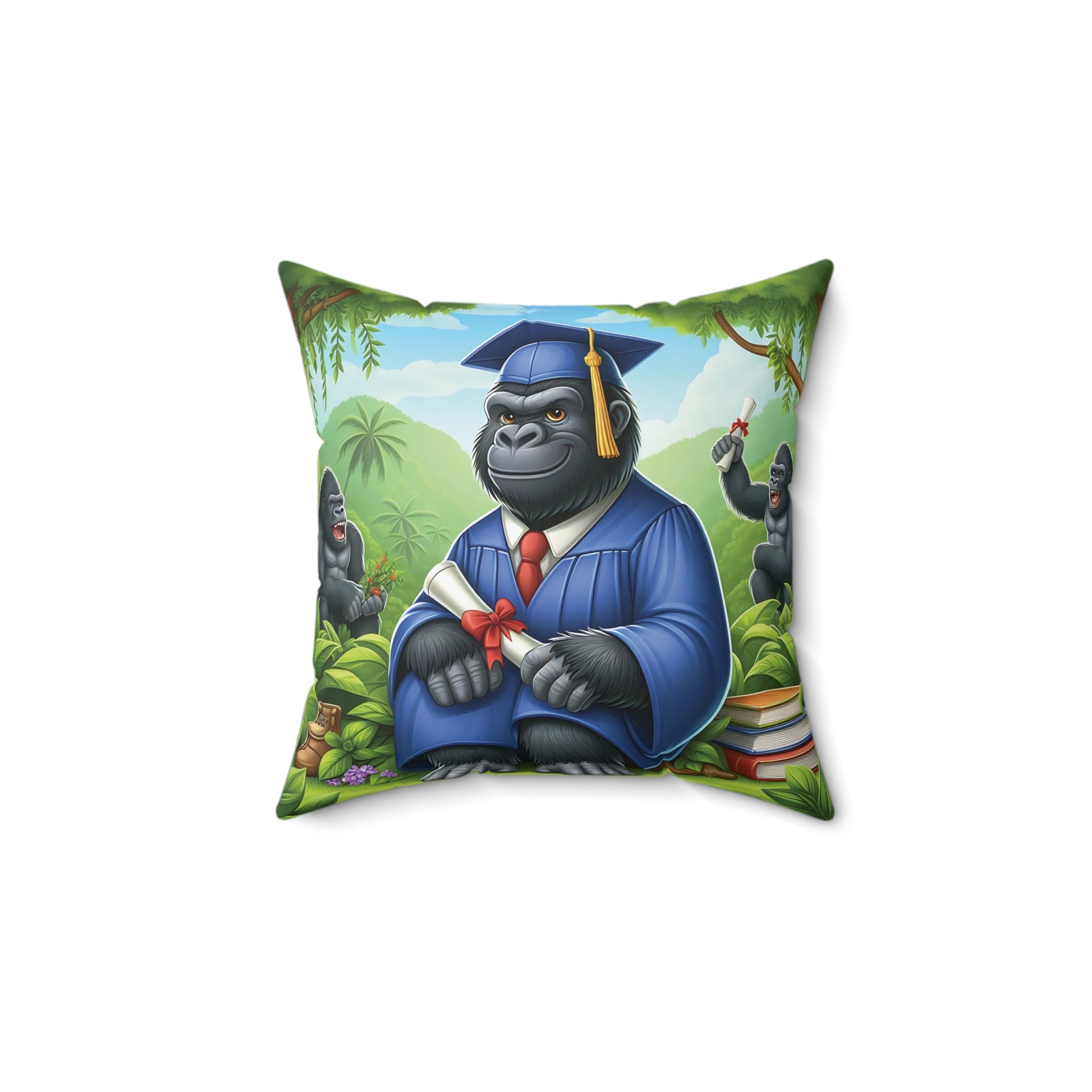 Celebrate academic achievement with our "Jungle Gorilla Graduation Pillow." Featuring a proud gorilla in a cap and gown, this pillow captures the joy of graduation. Perfect for graduates of all ages, it adds a whimsical touch to any space. This pillow makes a thoughtful and unique gift too. BUY NOW! (SK Superb)