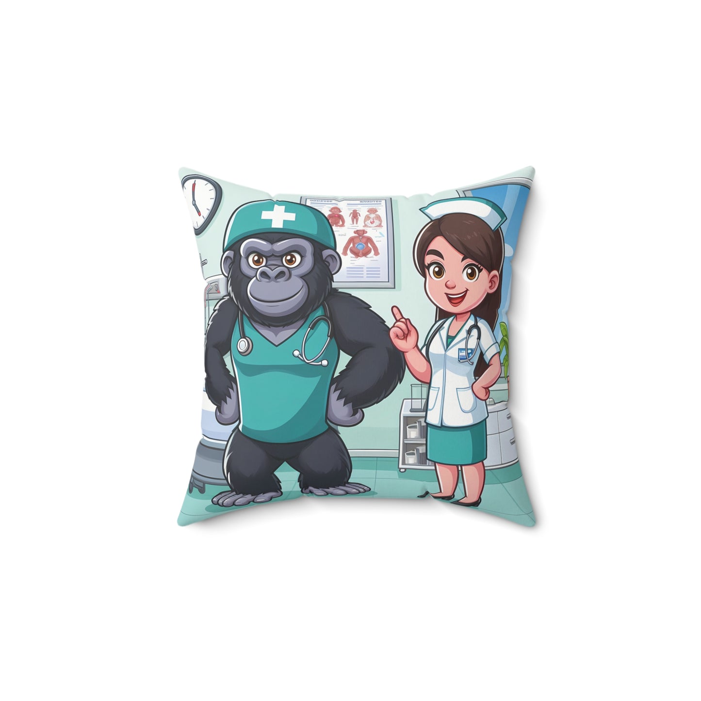 Have fun to your home decor with this whimsy Medical Marvels Pillow! A delightful cartoon illustration of a nurse and a doctor gorilla in a vibrant medical setting, this pillow is perfect for healthcare professionals, kids, or anyone who loves a unique twist on traditional decor. GET YOURS TODAY! (SK Superb)