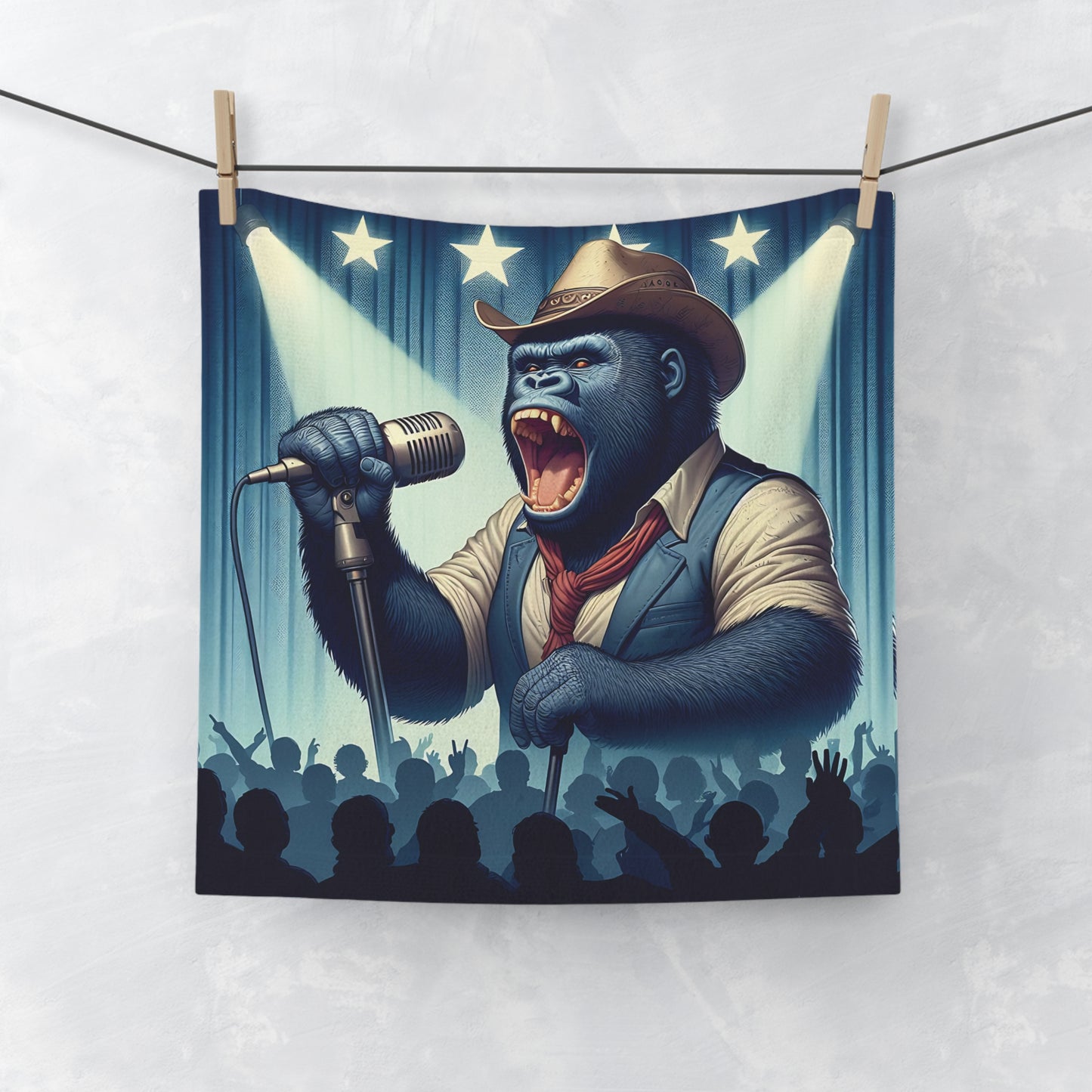 Experience the wild spirit of country music with our "Gorilla Cowboy Singer Face Towel". Perfect for country music enthusiasts and those who love unique, artistic designs, this face towel is both functional and decorative. BUY NOW! (SK Superb)