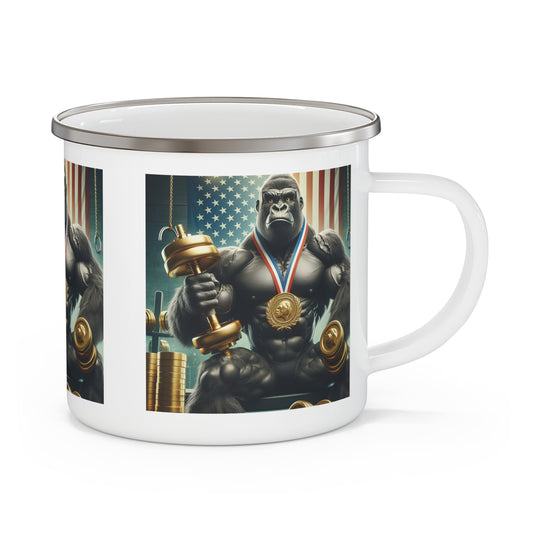 Our "Champion Gorilla Weightlifter" Enamel Camping Mug features a gorilla lifting a dumbbell with an American flag backdrop. This practical mug symbolizes determination and victory. Perfect for fitness lovers, bodybuilders, and campers. Ideal gift for gym enthusiasts and outdoor adventurers. BUY NOW! (SK Superb)