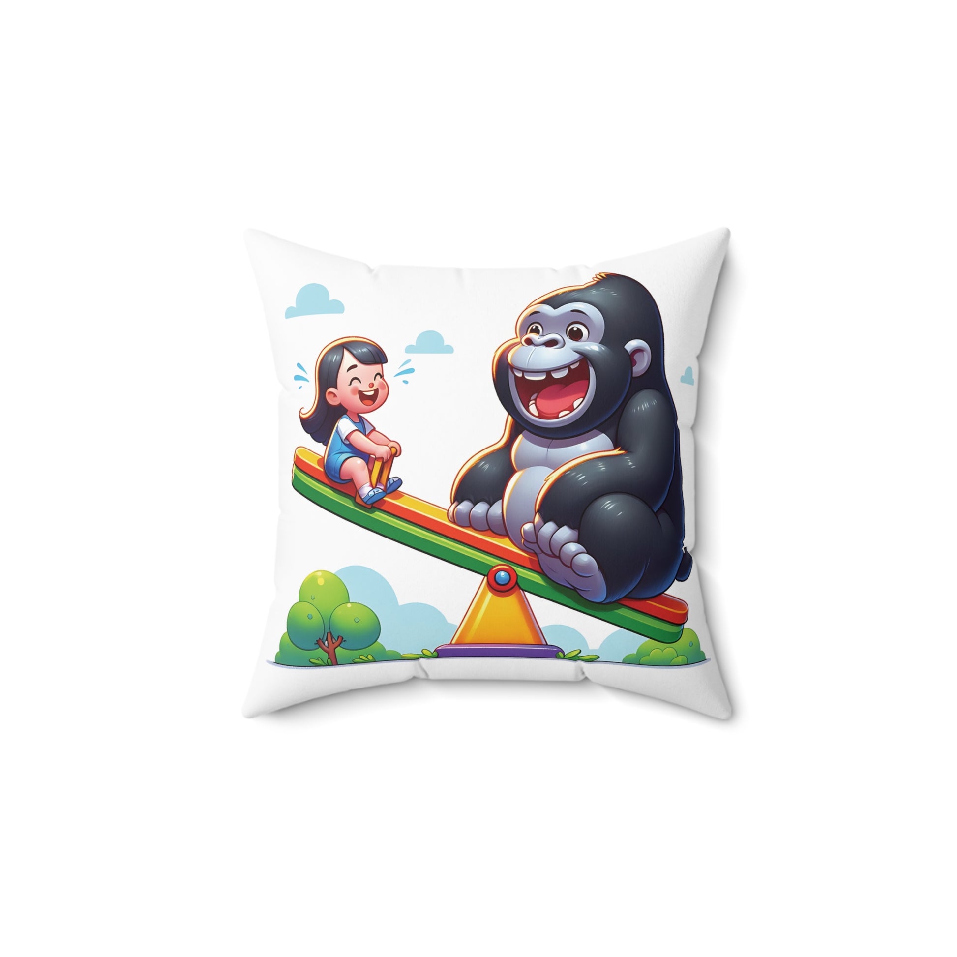 Bring home this "Playful Gorilla and Child on Seesaw Pillow" today and inspire your little ones to cherish their relationship with animals. A joyful scene of a gorilla and a child sharing a fun moment on a seesaw. It teaches the importance of friendships between humans and animals. BUY NOW! (SK Superb)