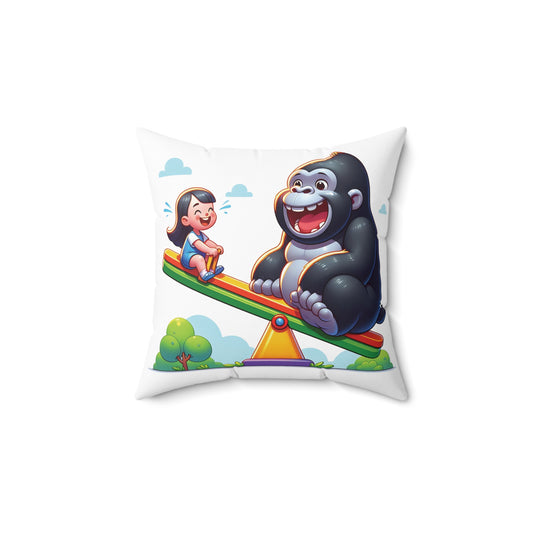 Bring home this "Playful Gorilla and Child on Seesaw Pillow" today and inspire your little ones to cherish their relationship with animals. A joyful scene of a gorilla and a child sharing a fun moment on a seesaw. It teaches the importance of friendships between humans and animals. BUY NOW! (SK Superb)