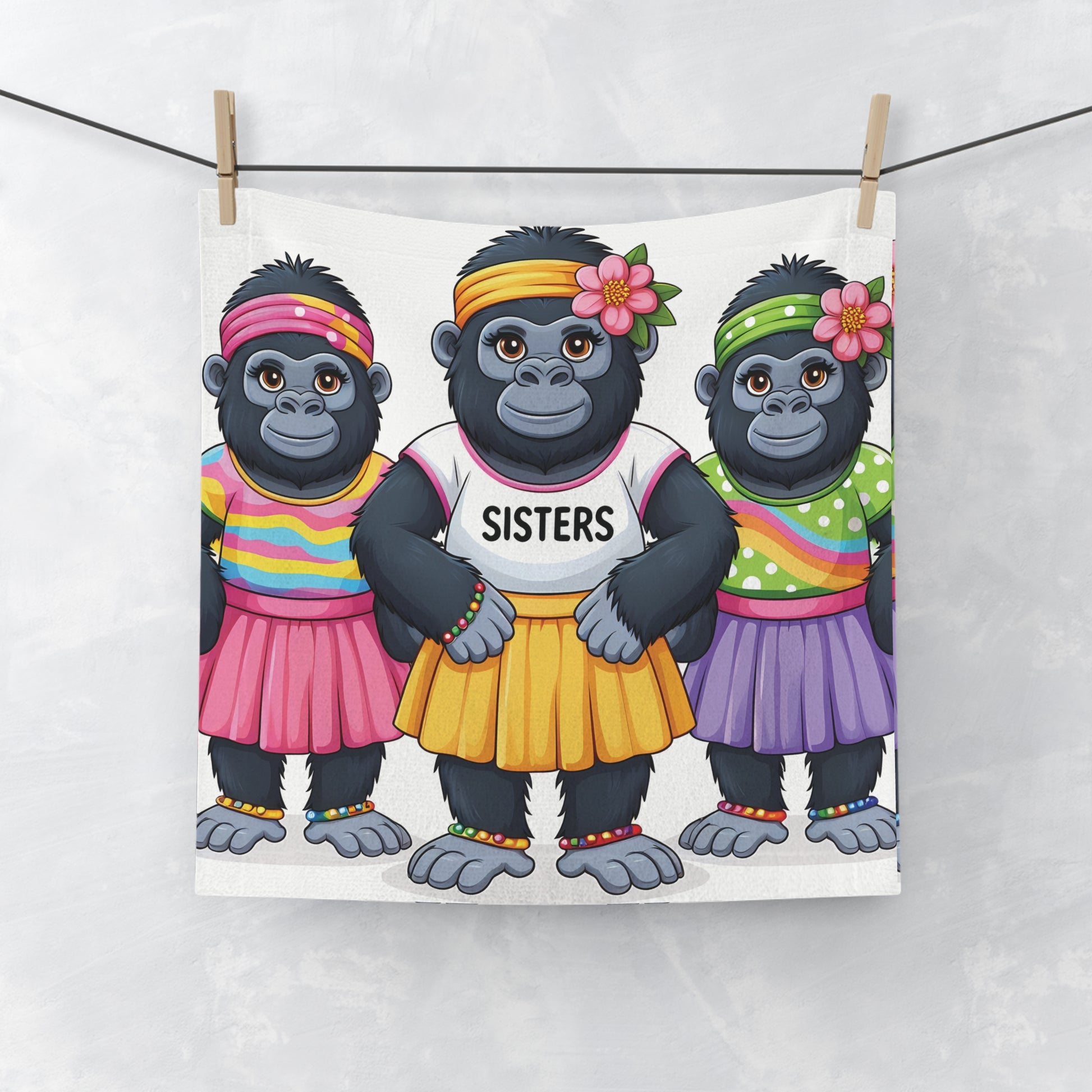 Our "SISTERS" Gorilla Face Towel showcases three gorillas embodying sisterhood and strength. This face towel is a unique piece for animal lovers and art enthusiasts alike. A thoughtful and artistic gift for friends and family. Suitable for home, gym, or travel. BUY NOW! (SK Superb)