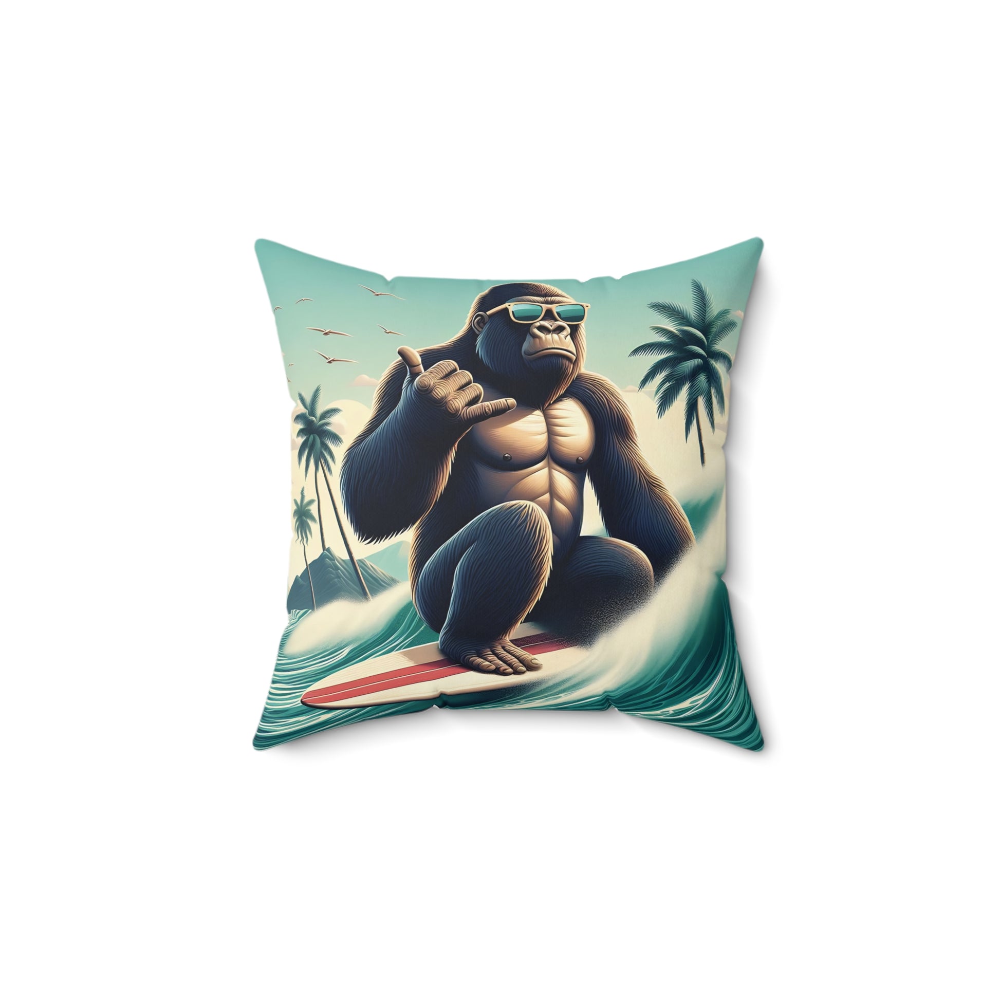 Bring the thrill of the waves to your home and office decor with our Shaka Gorilla Surfer Pillow. A fun and adventure pillow with a cool gorilla riding the surf in a backdrop of palm trees and soaring birds. A must-have for surf enthusiasts and animal lovers. BUY NOW (SK Superb)