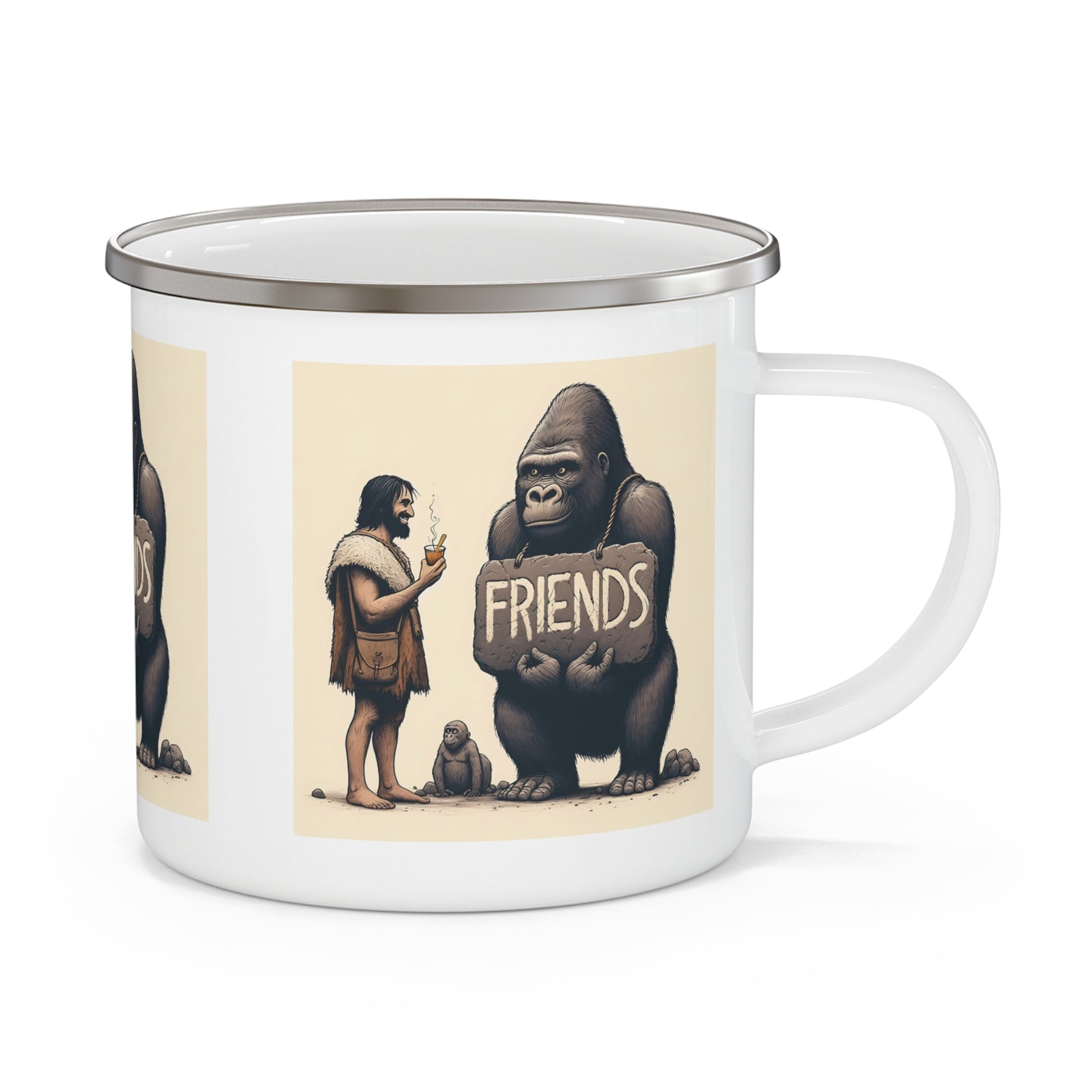 Enjoy your beverage in this durable, lightweight camping mug with a fun design of a gorilla and caveman holding a "FRIENDS" sign. Perfect for outdoor adventures like camping, hiking, a playful mug for your drinkware. Gift for friends, nature, outdoor lovers for use at home or by the campfire. BUY NOW! (SK Superb)