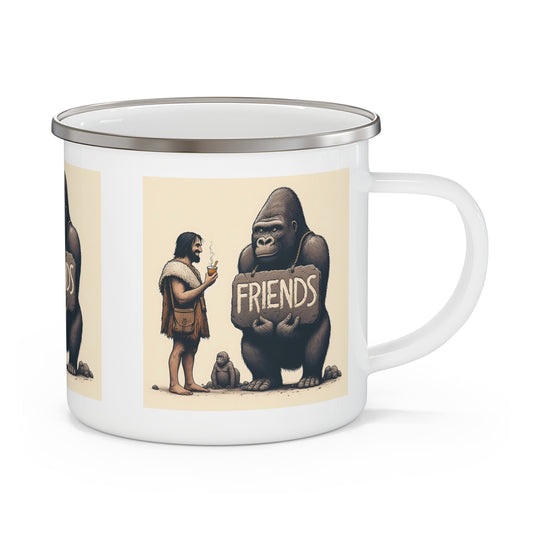 Enjoy your beverage in this durable, lightweight camping mug with a fun design of a gorilla and caveman holding a "FRIENDS" sign. Perfect for outdoor adventures like camping, hiking, a playful mug for your drinkware. Gift for friends, nature, outdoor lovers for use at home or by the campfire. BUY NOW! (SK Superb)