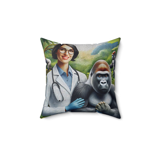 Celebrate the heroes of animal care with our "Vet Doctor with Gorilla in Forest Pillow." It showcases a dedicated vet doctor with a gorilla in forest setting. Perfect for animal lovers and veterinary professionals. BUY this meaningful pillow for your home and office decor today! (SK Superb)