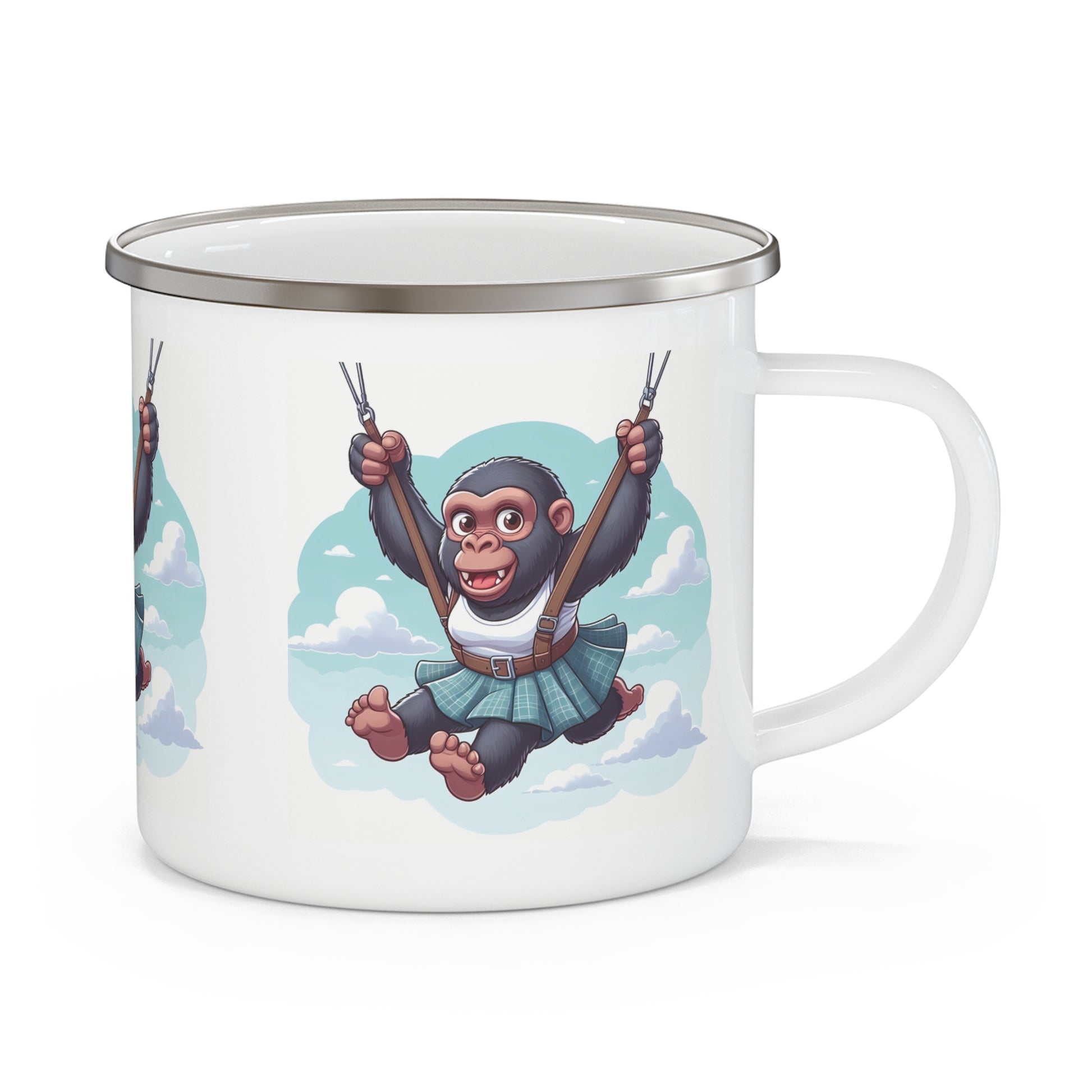 Enjoy your adventures and add a quirky touch to your camping gear with our cartoon "Happy Female Gorilla Skydive" Enamel Camping Mug! This mug is perfect for camping, hiking, or everyday use. A great gift for outdoor and animal lovers. BUY NOW! (SK Superb)