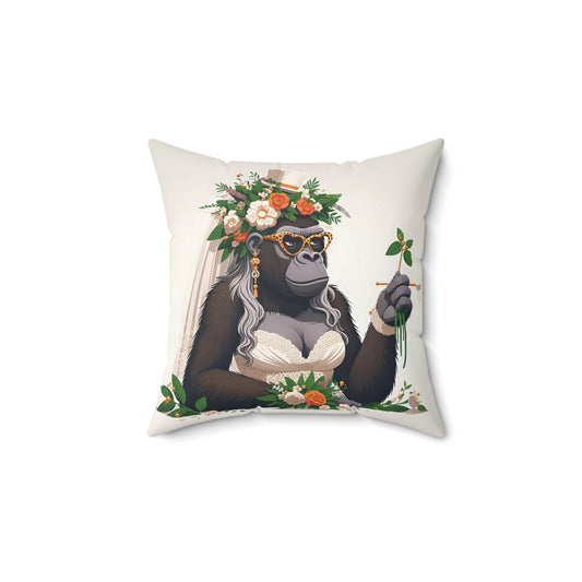 Celebrate the joy of wedding day bliss with the Elegant Gorilla Bride Wedding Celebration Pillow! This delightful design showcases a sophisticated gorilla capturing the essence of matrimonial celebration. Great for wedding gift, home decor, this pillow is sure to bring smiles and laughter. (SK Superb)