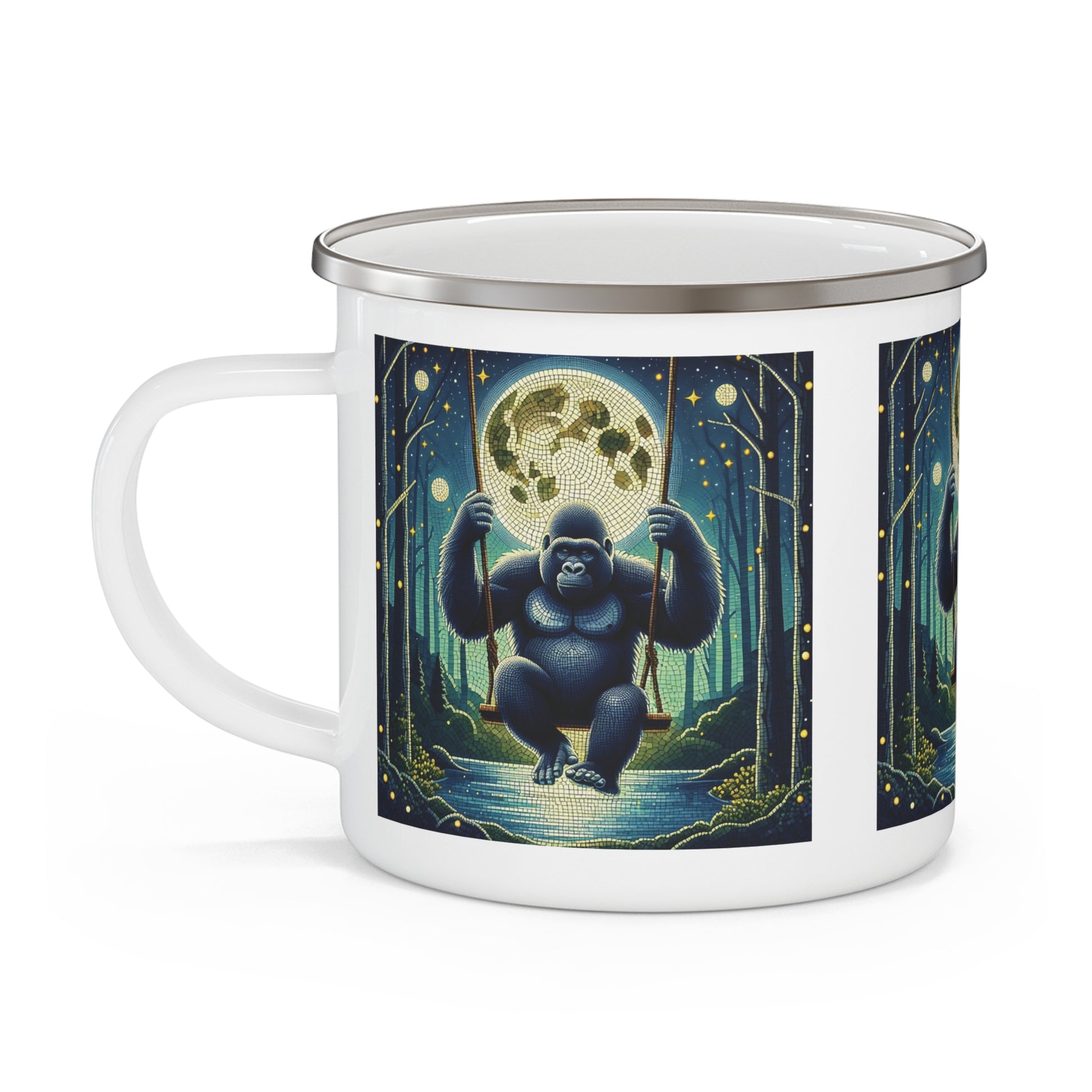Enamel Camping Mug - Mosaic Gorilla Swinging Under Full Moon