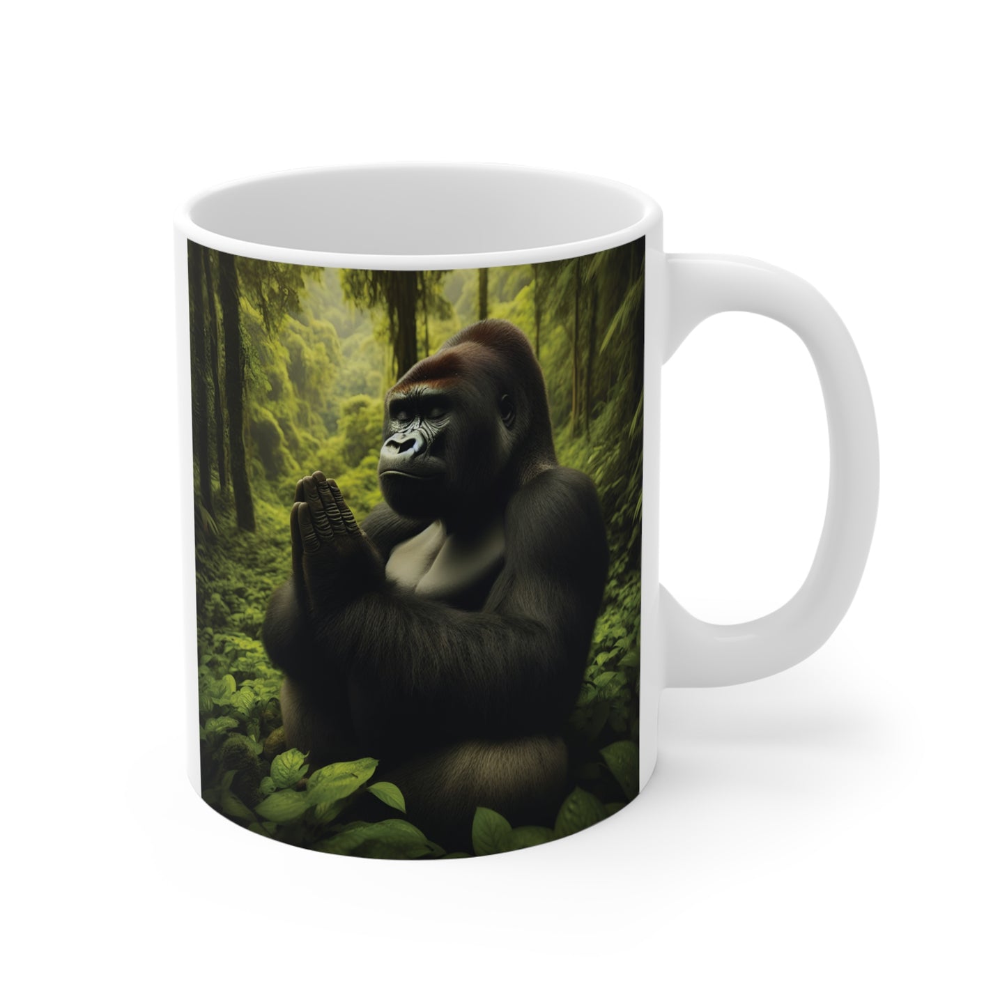 Embrace the calming power of nature with this exquisite "Serene Gorilla in Prayer" 11oz mug, perfect for adding a touch of spirituality to your day. A mug for personal use or as a gift. Great for wildlife enthusiasts, meditation practitioners, and nature lovers. BUY NOW! (SK Superb)