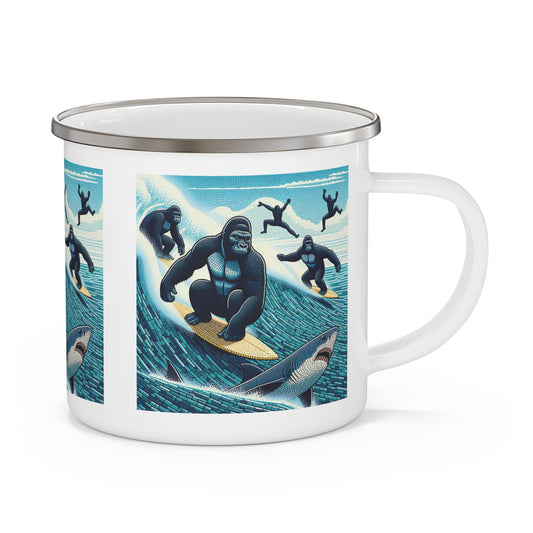 Our "Surfing Gorillas" Enamel Camping Mug is perfect for camping, hiking, and backpacking. This mug design adds fun to your adventures. Ideal for those seeking a blend of practicality and personality in their outdoor gear. BUY NOW! (SK Superb)