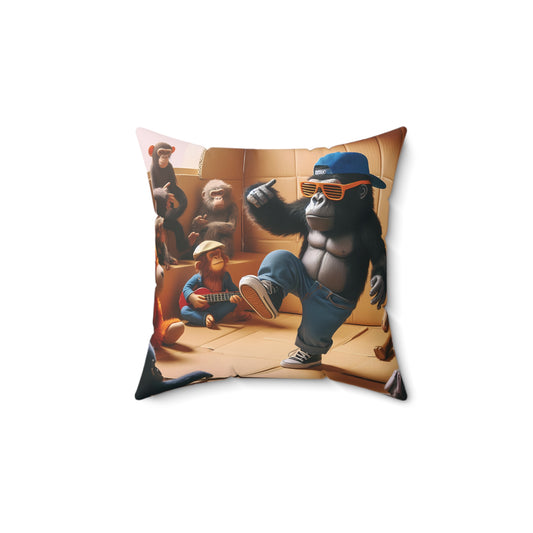 Bring the groove to your living space with our "Dancing Gorilla in Cardboard Club Pillow". This vibrant pillow features a cool gorilla showing off his dance moves with his ape friends, adding humor and style to your home and office decor. BUY NOW! (SK Superb)