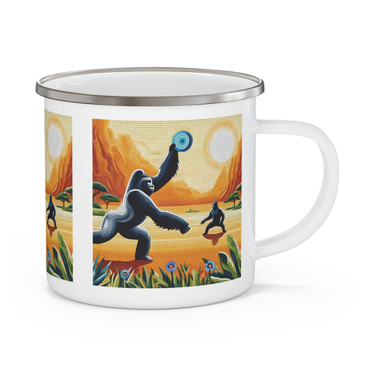 Our Enamel Camping Mug features Gorillas playing frisbee in a vibrant mosaic style, evoking human-like joy and playfulness, perfect for nature and wildlife enthusiasts. A mug for camping, hiking, or a cozy day at home. BUY NOW! (SK Superb)