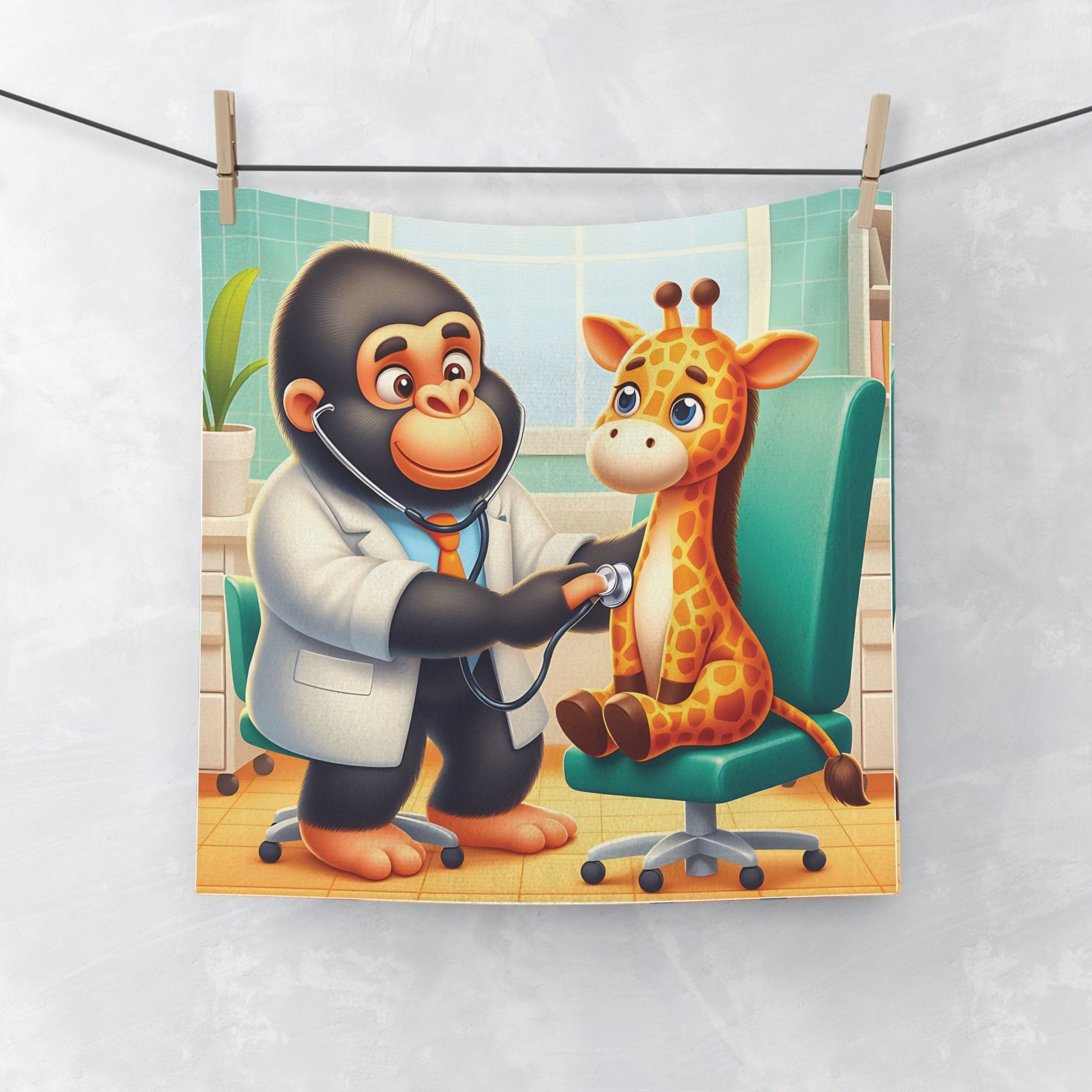 Our Cartoon Vet Gorilla Doctor Face Towel features a gorilla doctor examining a giraffe patient. A functional towel for both kids and adults. Ideal for bathrooms, gyms, travel, or as a unique gift. A favorite towel for animal lovers, who loves fun, creative designs. BUY NOW! (SK Superb)