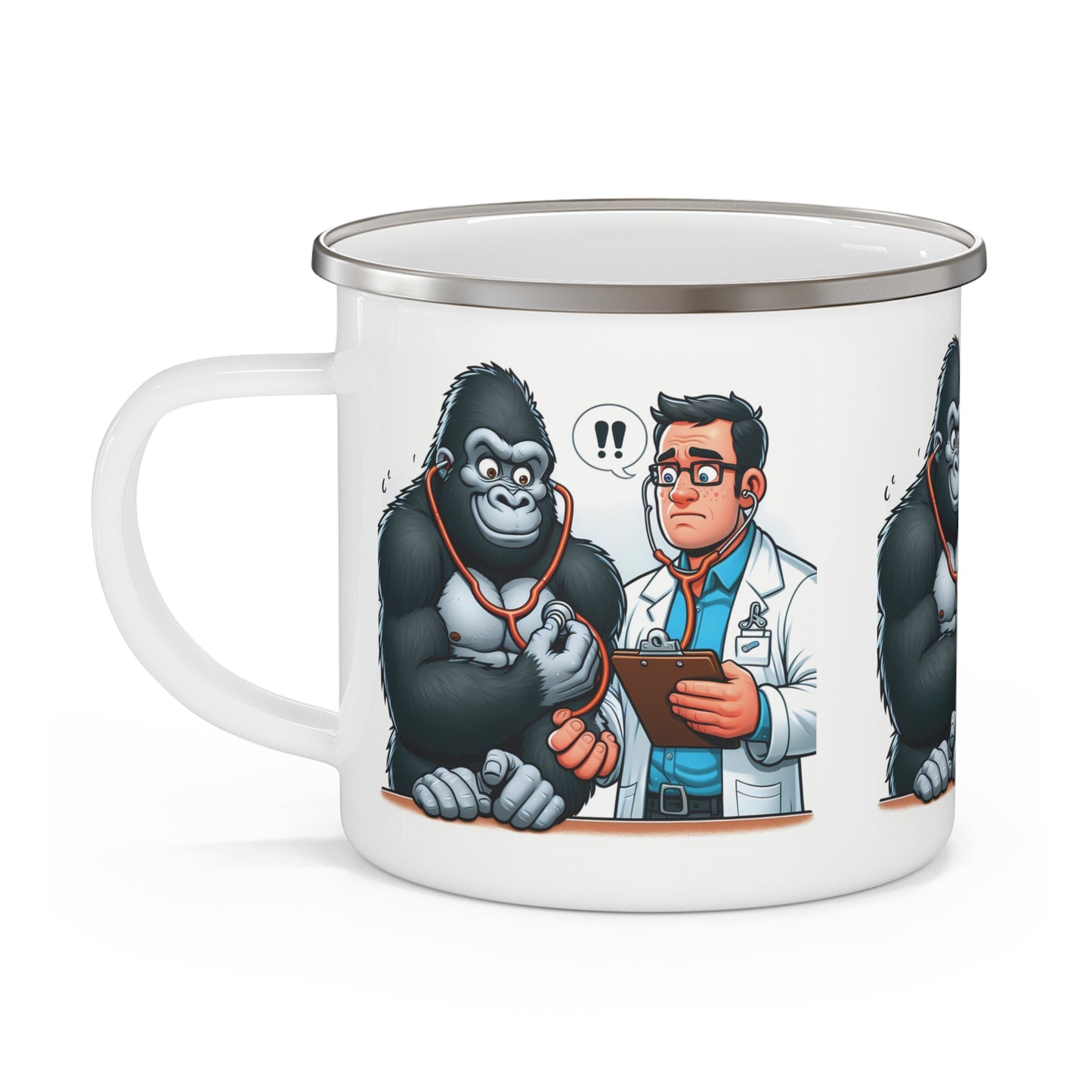 Hilarious Cartoon Gorilla & Doctor Enamel Camping Mug