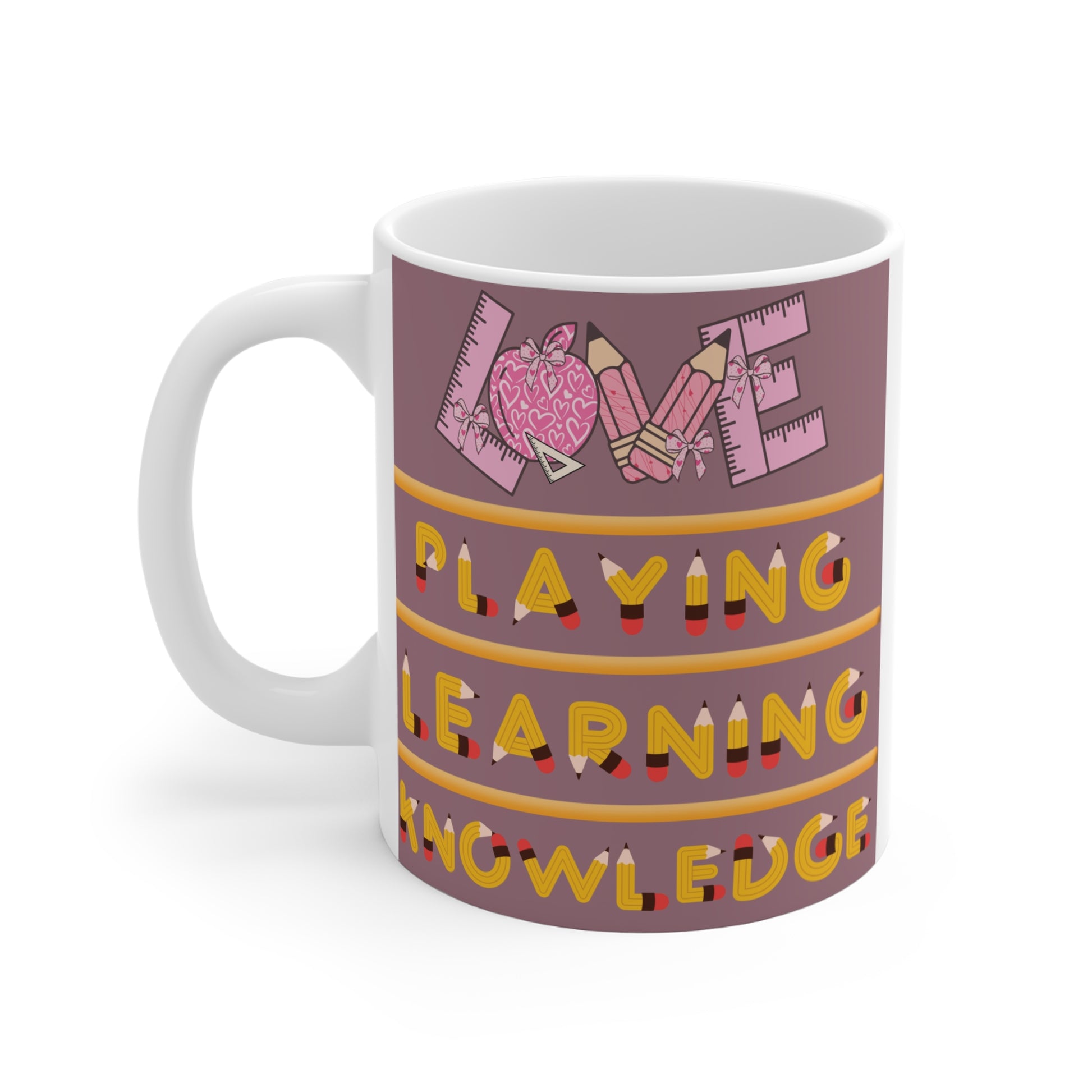 Shop our school-themed 11oz mug with pencil and ruler design of LOVE, PLAYING, LEARNING, and KNOWLEDGE. Ideal gift for teachers, students, and education lovers.