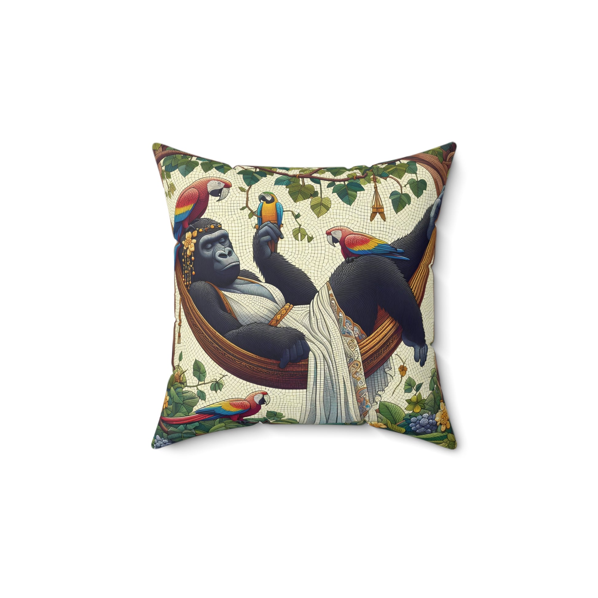 Add a touch of exotic charm to your home and office decor with our "Gorilla Goddess in Hammock Pillow". This design features a regal gorilla reclining in a beautifully adorned hammock, just like us human taking a relaxing nap in a hammock. Enhance your living space with this artistry pillow. BUY NOW! (SK Superb)