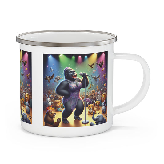 Our fun and creative enamel camping mug of a gorilla diva singer performing on stage to a cheering animal audience. Perfect for music lovers and great for camping or outdoor adventures. A unique gift for performers and fans of gorilla art. BUY NOW! (SK Superb)
