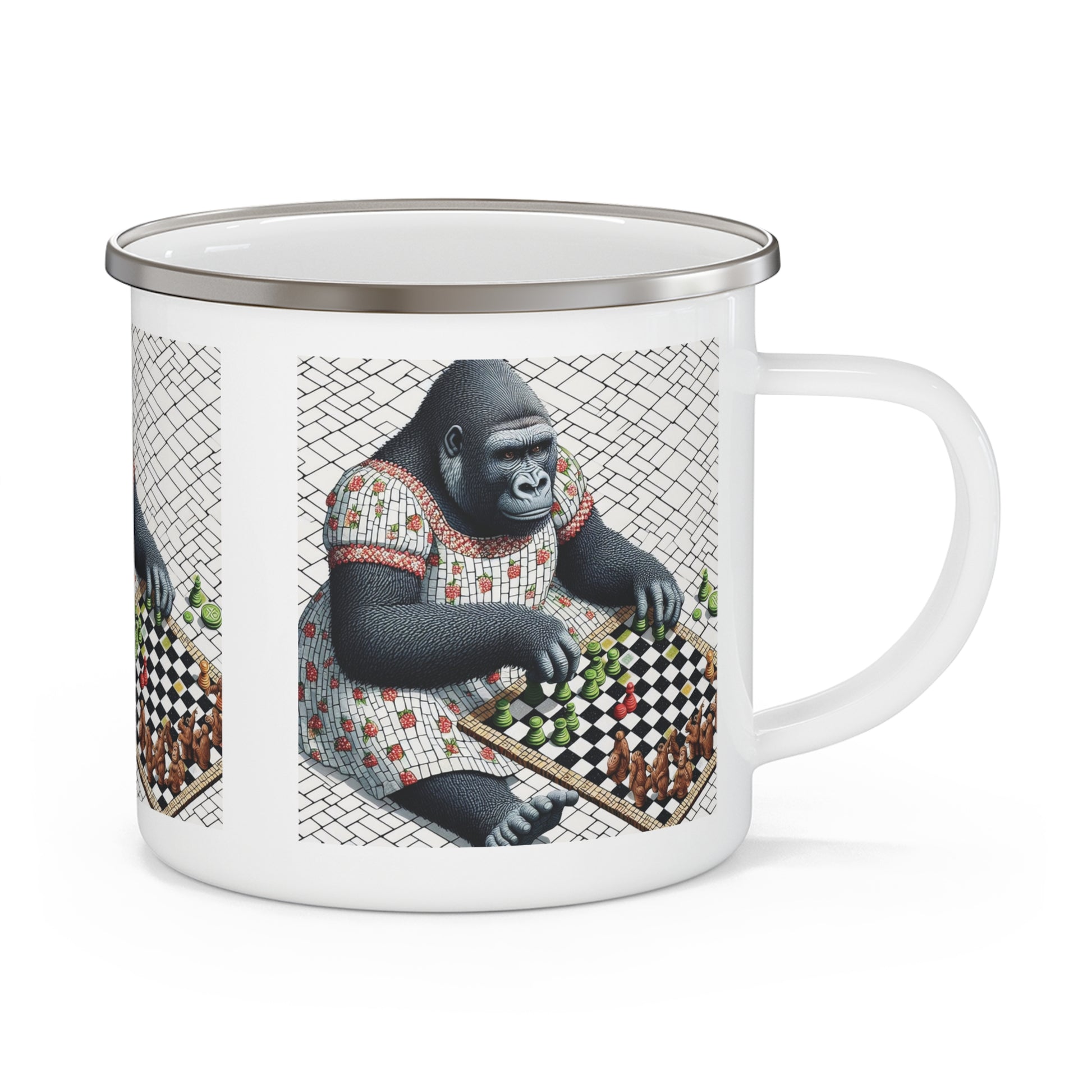 A blend of artistry and functionality with our Enamel Camping Mug featuring a female gorilla playing chess in mosaic style background, similarity of a human chess player. Ideal for camping, hiking, picnics and outdoor adventures. Great gift for animal and chess lovers. BUY NOW! (SK Superb)