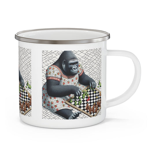 A blend of artistry and functionality with our Enamel Camping Mug featuring a female gorilla playing chess in mosaic style background, similarity of a human chess player. Ideal for camping, hiking, picnics and outdoor adventures. Great gift for animal and chess lovers. BUY NOW! (SK Superb)