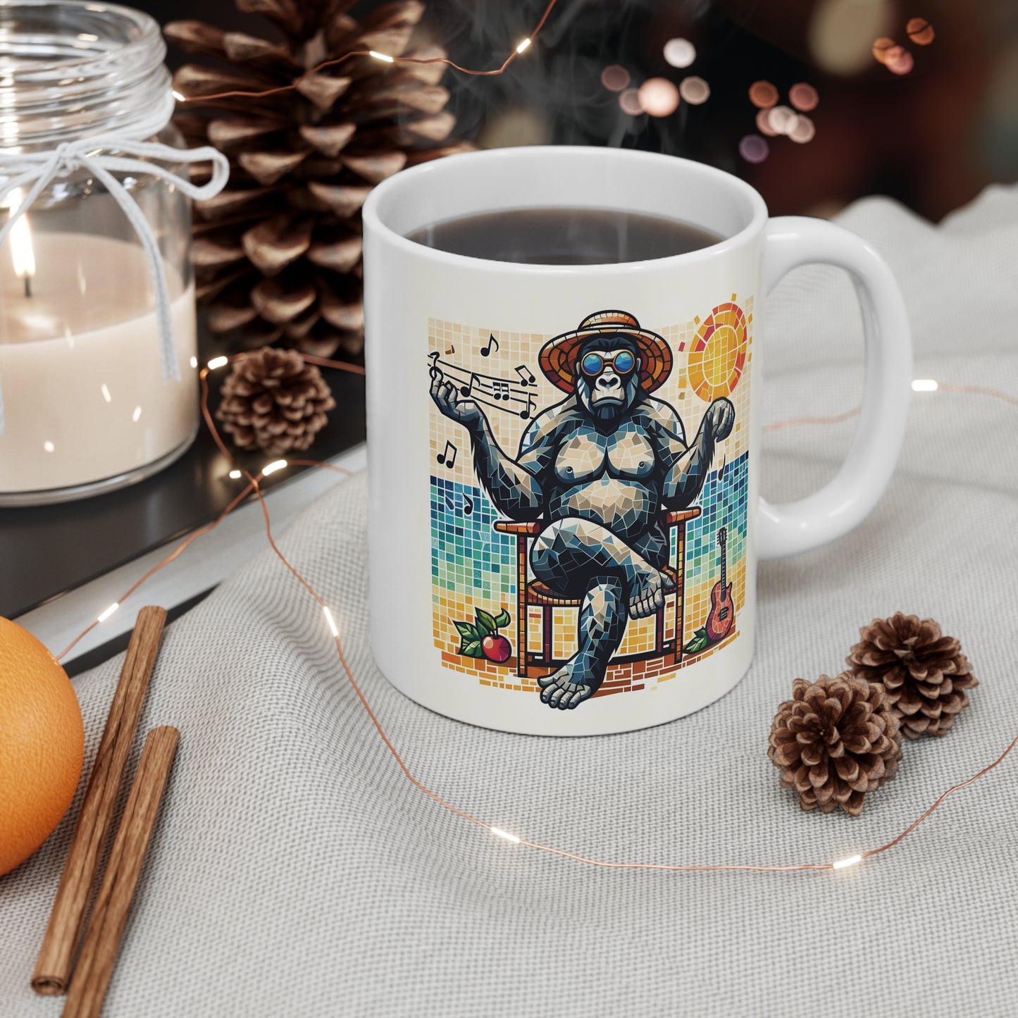 Mosaic Style Chill Gorilla 11oz Mug - Tropical Beach Vibes with Musical Notes