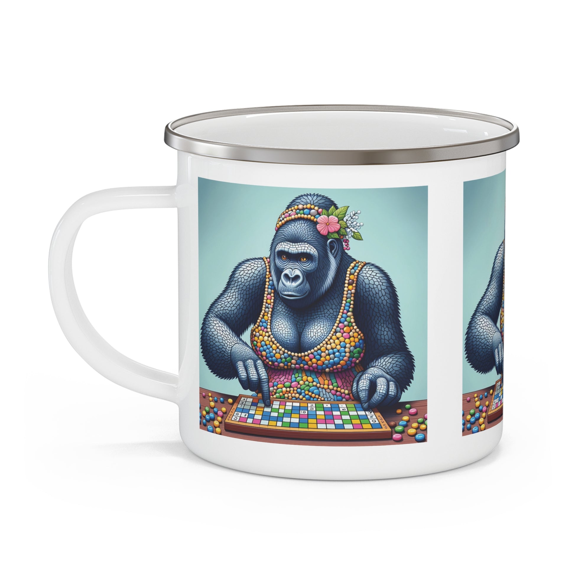 Female Gorilla Art Enamel Camping Mug – Animal Playing Game Design