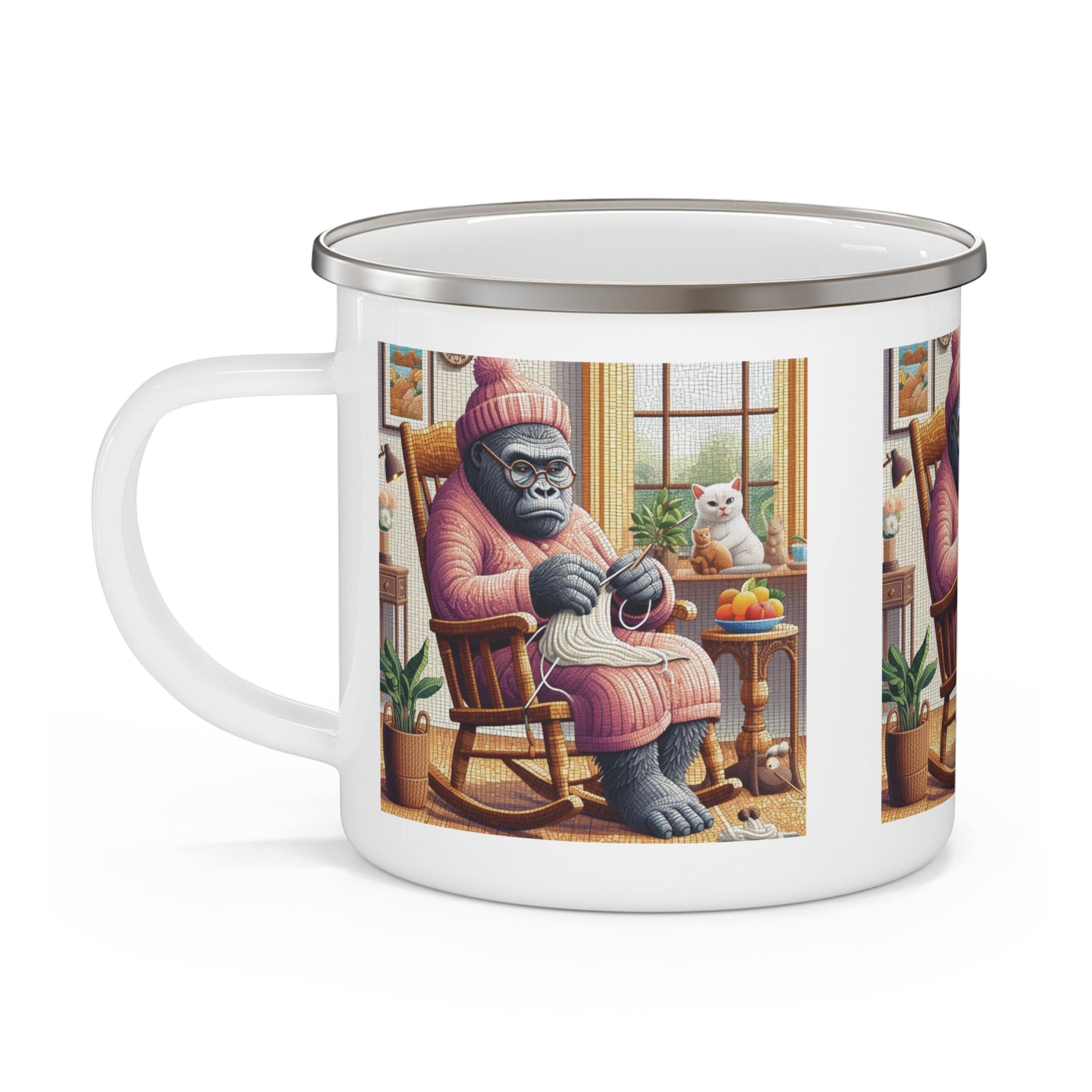 Gorilla Grandma Knitting Time and Kitty Enamel Camping Mug - Gift Item