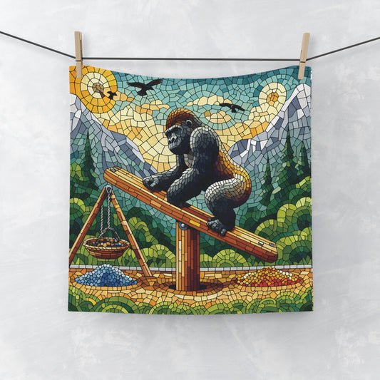 Gorilla Seesaw Face Towel: A blend of functionality and artistic beauty with this wildlife art towel. A memorable gift towel. BUY NOW!