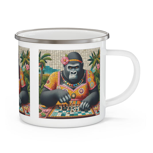 A captivating mosaic art of a female gorilla playing chess enamel camping mug. A great gift for nature and chess lovers, camping enthusiasts. This mug is perfect for outdoor adventures, picnics, and campfires. BUY NOW! (SK Superb)